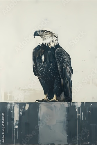 oil painting style with eagle on a smooth surface, set against a minimalist white and grey background 