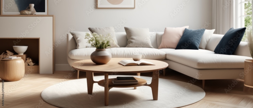 custom made wallpaper toronto digitalScandinavian home interior design. Round wood coffee table against white sofa.