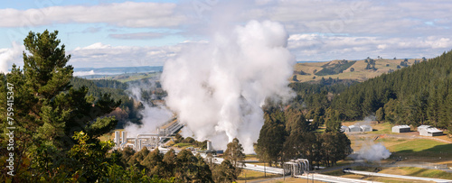 Green energy geothermal power plant  steaming panorama