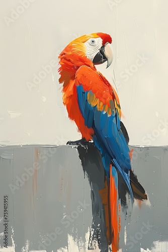 Classic wall art of oil painting style with white parrot on a smooth surface, set against a minimalist white and grey background 