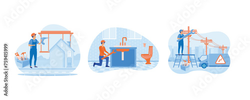 Home renovation abstract concept. Plumber services. Electrician services. Set flat vector modern illustration
