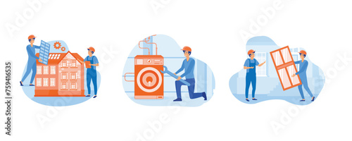 House maintenance abstract concept. Basement services, Hire contractor metaphor. Windows and doors replacement and installation. Set flat vector modern illustration