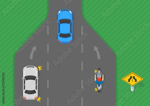 Traffic regulation tips and rules. American single-transition traffic sign. Top view of a car and motorcycle rider merging on highway. Flat vector illustration template.