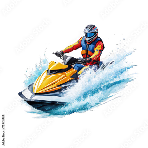 A man riding jet ski with water splash, watercolor illustration, vector clipart, hobby, ocean activities, sea, jet ski riding, interest