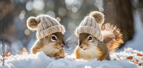 Charming squirrels, wrapped in knitted hats, frolicking amidst a snowy scene, their playful antics creating a heartwarming winter tableau.