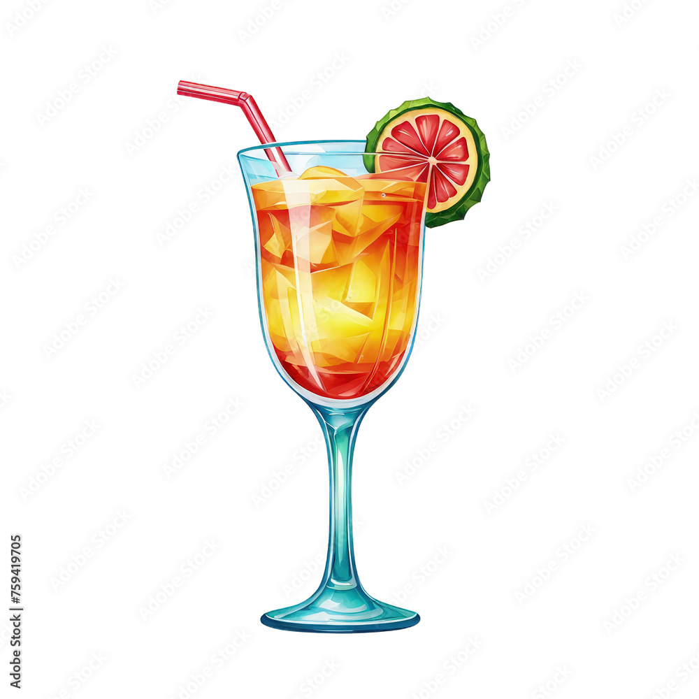 Mai tai in a tiki glass watercolor illustration, cocktail drink clipart, vector illustration, cut out on white background, orange drink, party, celebration