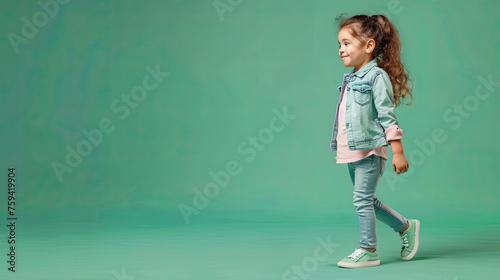Full body side view little child kid girl 6-7 years old wears casual clothes look camera raise up leg hold face isolated on plain green background studio. Mother's Day love family lifestyle concept.