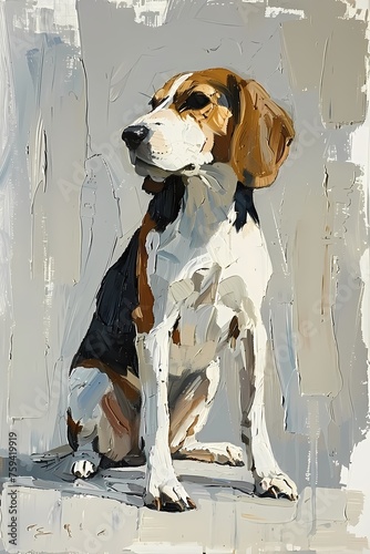 Classic wall art of oil painting style with cute beagle dog on a smooth surface, set against a minimalist white and grey background  photo