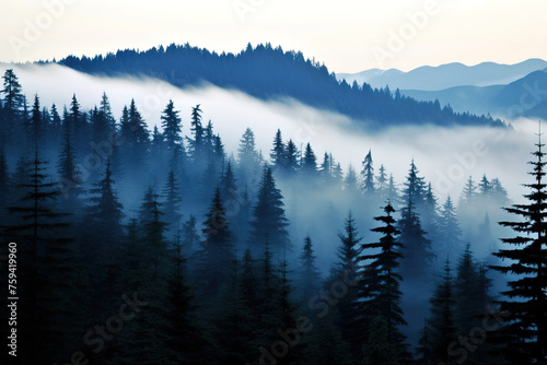 forest in fog.