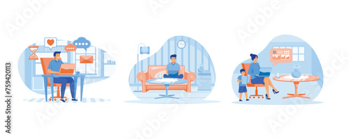 Home office concept. A freelancer man works behind a laptop. Remote worker, employee schedule, flexible schedule concept. Set flat vector modern illustration