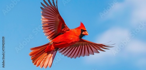 A breathtaking capture of a vibrant red bird perched on a blossoming branch, its plumage illuminated by soft sunlight.
