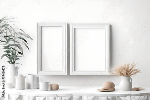 Mockup poster frame close up and accessories decor in cozy white interior background