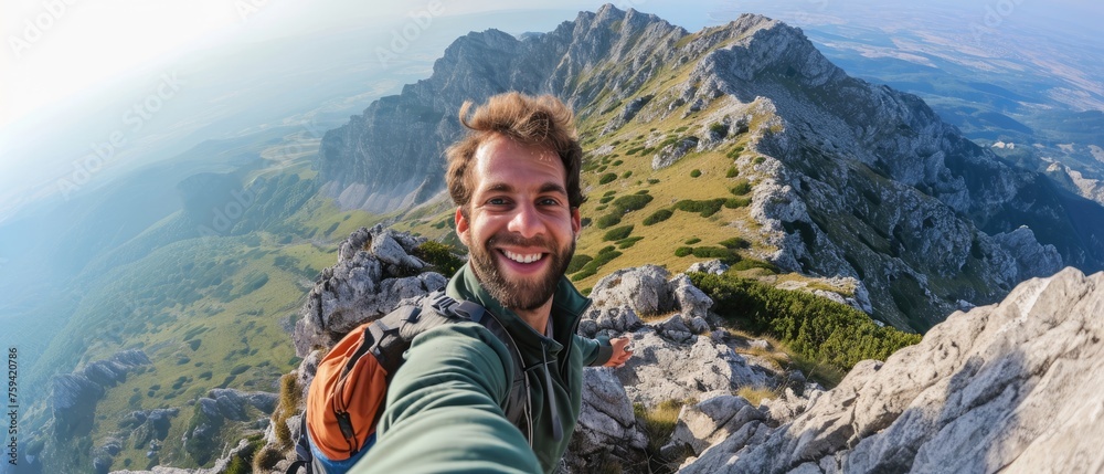 Young hiker man taking selfie portrait on the top of beautiful mountain
