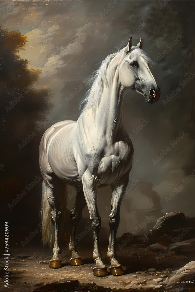 Painting of white Arabian horse galloping in the dark night , classic wall art