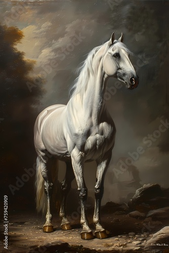 Painting of white Arabian horse galloping in the dark night , classic wall art © Kornkanok