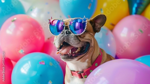 Boxer Dog in Party Glasses Among Balloons