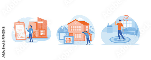 House listing  concept. House real estate virtual tour. Man pays loan for real estate. Set flat vector modern illustration