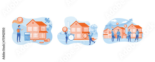 Man pays loan for real estate. Bank loan and savings concept. Real estate transaction and rising of property value. Set flat vector modern illustration