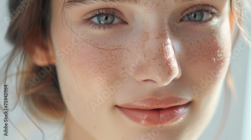 Close-Up of Woman with Freckles and Blue Eyes
