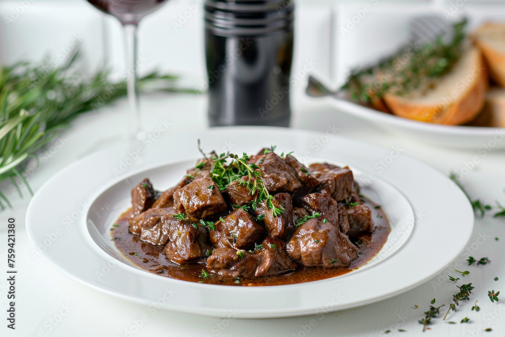 French Beef Bourguignon Served on White Plate Gen AI