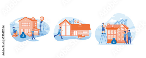 People investing money in property. Small Families Buy Home on a Mortgage and Pay Credit to the Bank. Investing Money in Real Estate Property. Set flat vector modern illustration