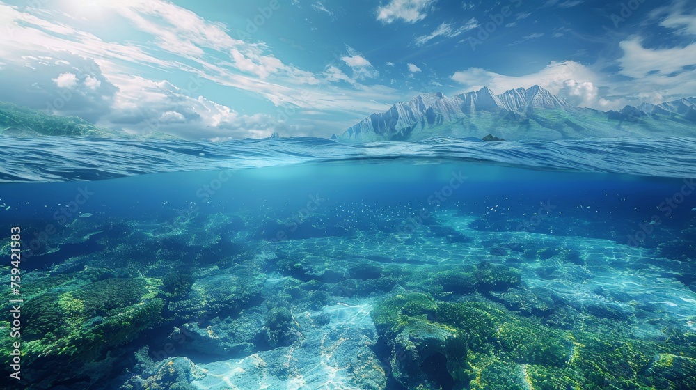 Underwater Coral Reef and Mountain Landscape View
