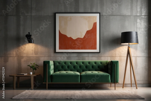 green tufted sofa against concrete wall with art poster mock up. Minimalist  loft  urban home interior design of modern living room.