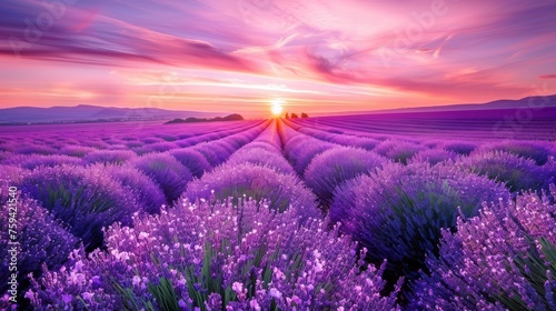 Sunrise Symmetry in Blooming Lavender Field