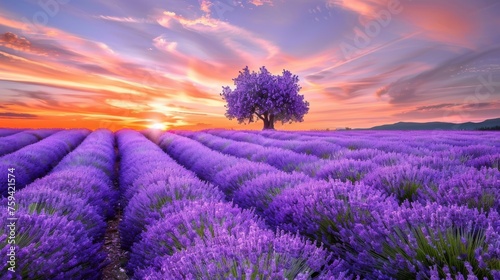 Sunset Over Lavender Fields with Solitary Tree