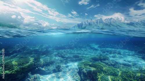 Underwater Coral Reef and Mountain Landscape View