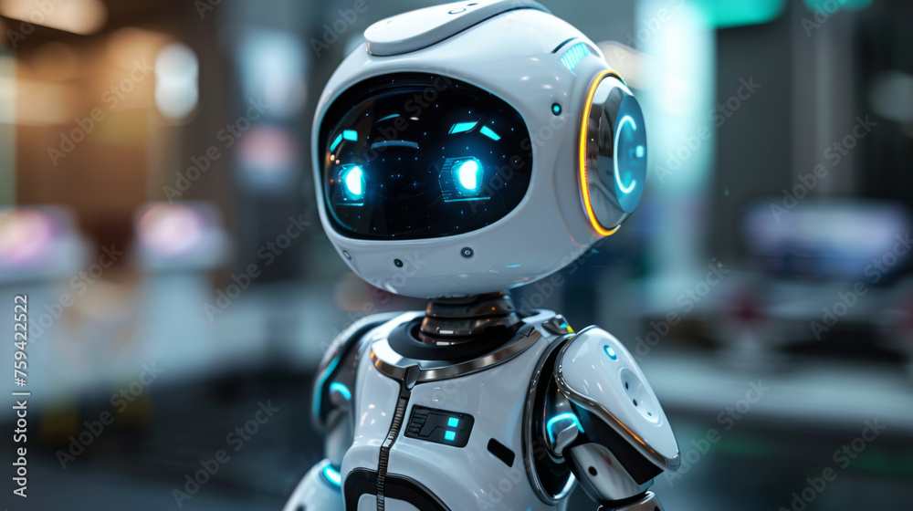 Fototapeta premium An engaging white autonomous robot with expressive digital eyes and sleek design in a high-tech environment.