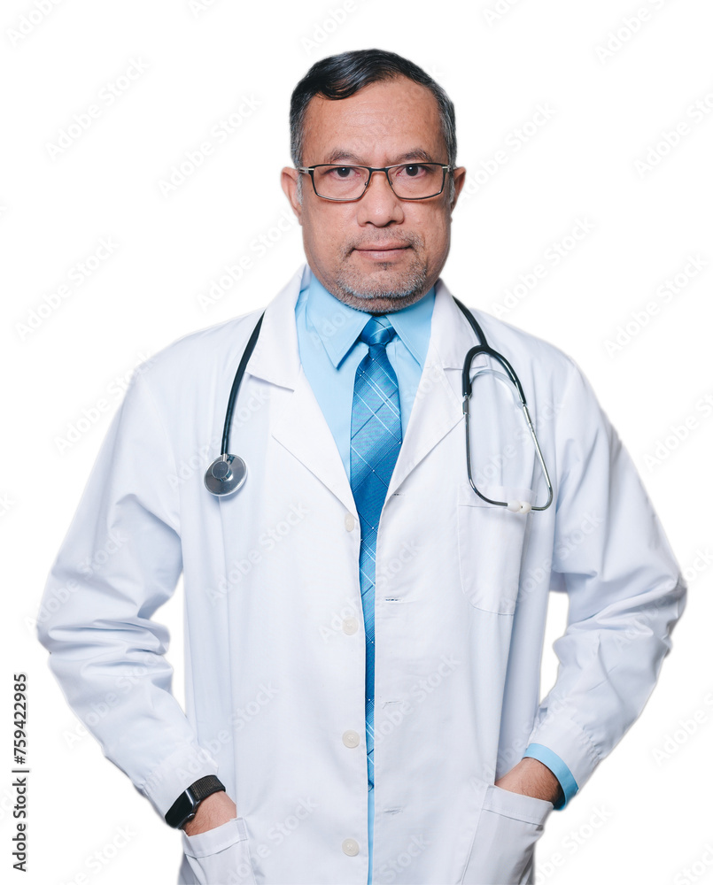 A doctor man in a white lab coat with a stethoscope around his neck. He is wearing a blue tie and has a serious expression on his face