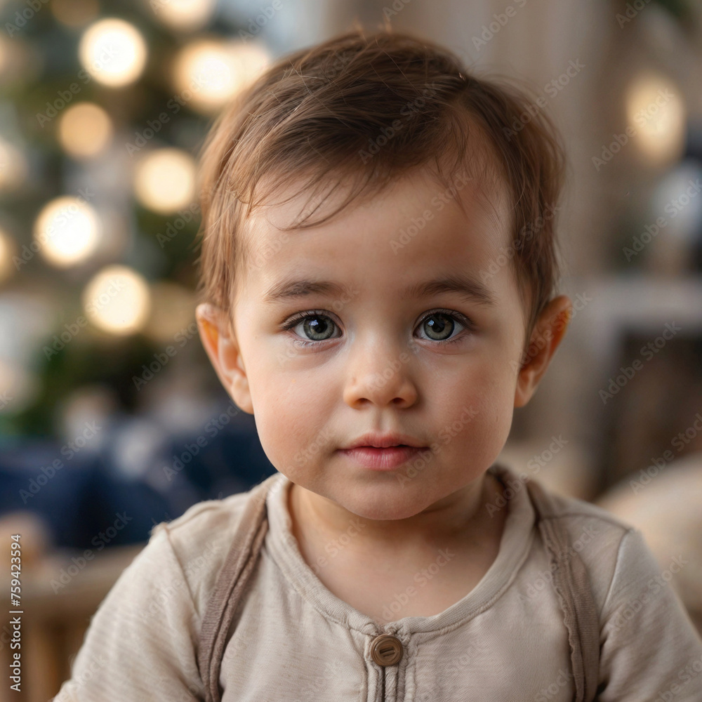 A baby with blue eyes and brown hair, wearing a tan shirt