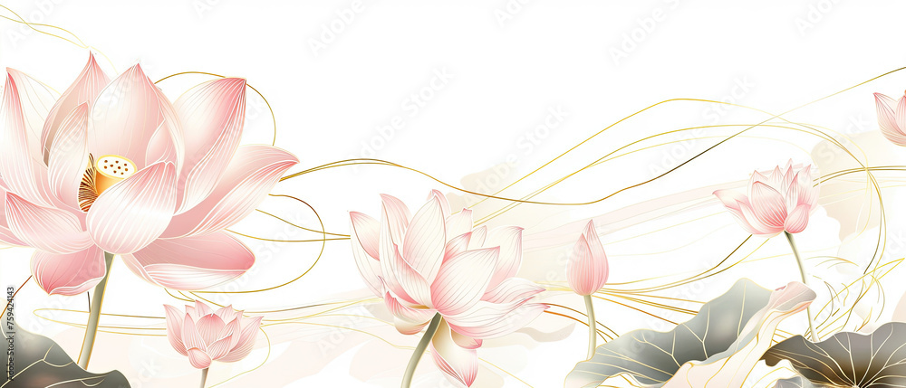 Pink and gold line lotus flower and leaves on white Background, luxury ...