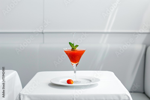 Bloody Mary Cocktail on White Plate with Minimalist Background Gen AI photo