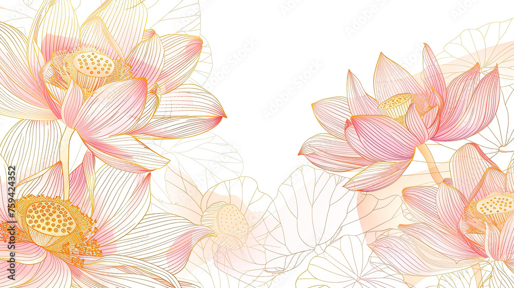 Pink and gold line lotus flower and leaves on white Background, luxury ...