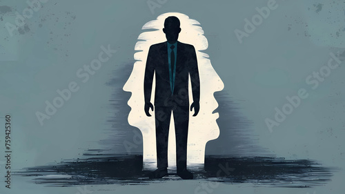 A person stands empty and hollow, their true self hidden beneath a facade of indifference, representing the emotional numbness of anxiety. Anxiety conceptual illustration. photo