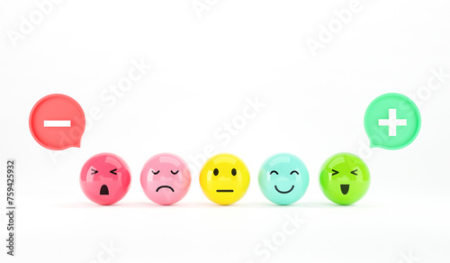 Customer choose emoji emoticons happy mood on emotions satisfaction meter, evaluation, Increase rating, Satisfaction and best excellent services rating concept, Feedback concept design, 3d render.