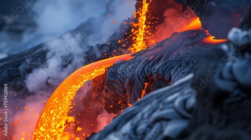 Fiery lava flow. volcanic eruption close up photo