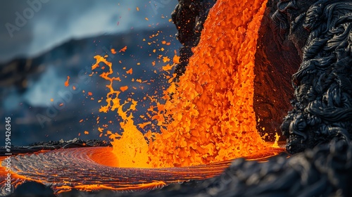 Obraz na płótnie Fiery lava flow. volcanic eruption close up