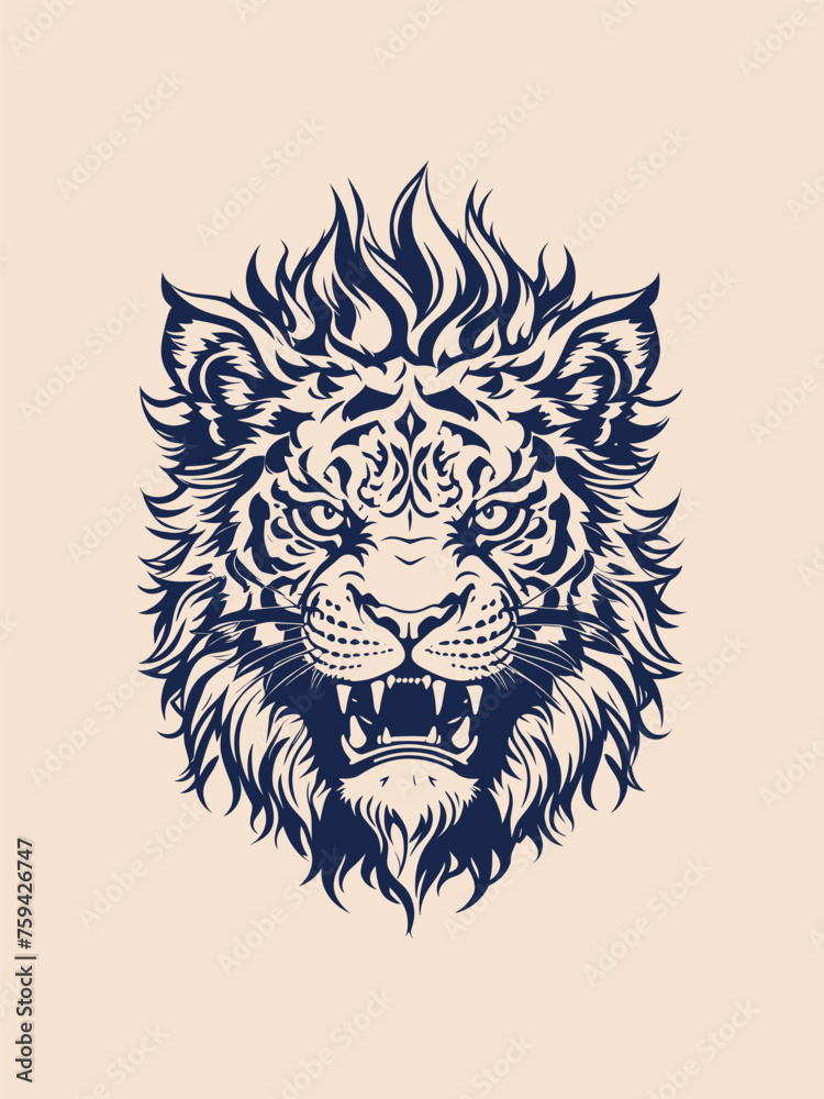 The tiger lion head hand black and white vector illustration	
