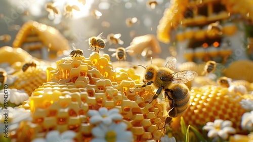 3D cartoon beehive city, busy bees working