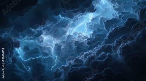 dramatic illustration of split dark cloudy sky with blue lightning strikes line. Generative AI 