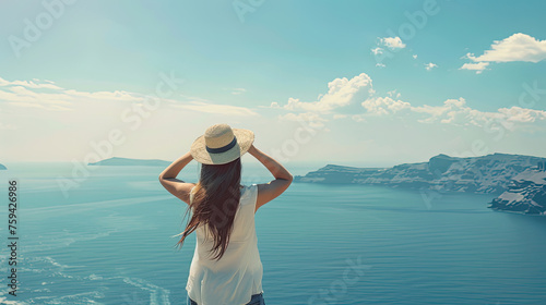 Summer blue trend with young woman wearing a hat as happy freedom lifestyle in Aegean sea mediterranean at Santorini greece.