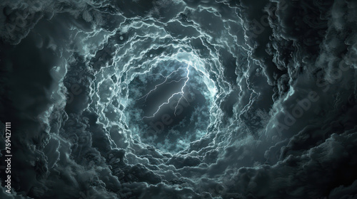 swirling dark wave of storm cloud tunnel, with lightning strikes. Generative AI