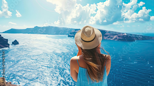 Summer blue trend with young woman wearing a hat as happy freedom lifestyle in Aegean sea mediterranean at Santorini greece.