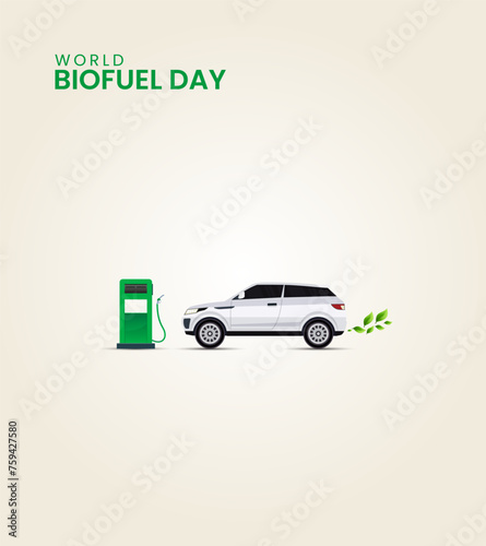 World biofuel day, petrol pump with car eco friendly biofuel day, design for social media, leaf, car, petrol,3D Illustration
