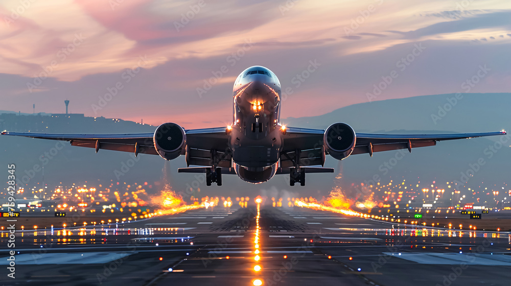 A large airplane taking off from an airport runway - obrazy, fototapety, plakaty 