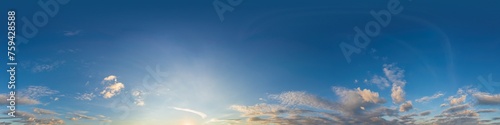 Dark blue sunset sky panorama with pink Cumulus clouds. Seamless hdr 360 panorama in spherical equirectangular format. Full zenith for 3D visualization, sky replacement for aerial drone panoramas.