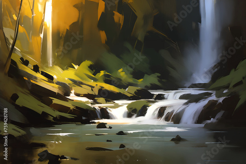 Beautiful waterfall, Semi-abstract loosely painting, Stylized digital speed painting. photo